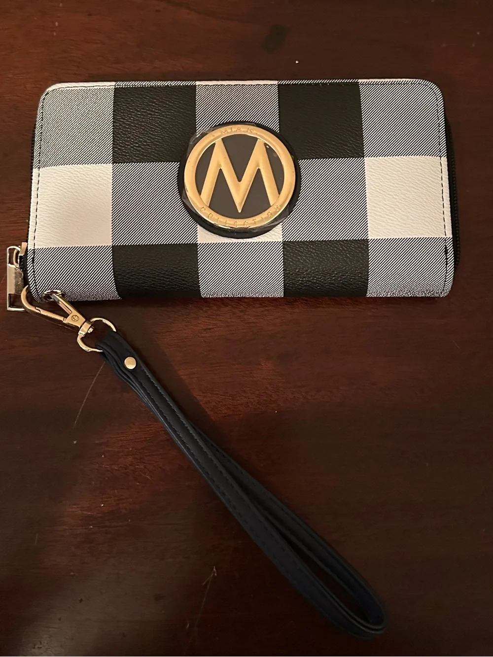 MKF Collection by MiaK Navy and White Plaid Wristlet Wallet NWT